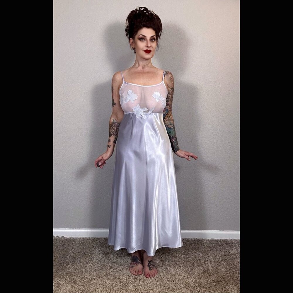 90s Jones NY Ice Blue Sheer Lingerie Nightgown Floral Slip Dress Bridal Pinup M